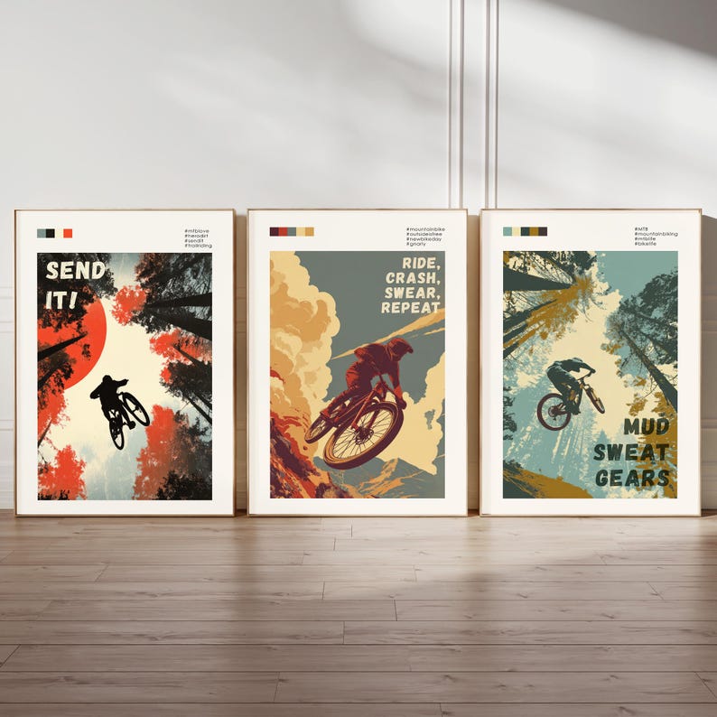 Mountain Bike Art Print Set Vintage Style Illustrations Three Unframed Prints Matt Archival Paper Motivational Cycling Phrases Adventure Theme Wall Decoration Bike Shop Display Man Cave Art Home Office Decor Perfect Cyclist Gift Mountain