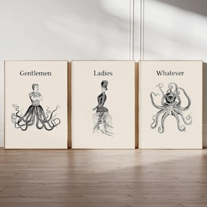 Set di 3 divertenti cartelli per il bagno, stampe eccentriche per il bagno, arte murale gotica vintage non binaria, poster umoristici di polpi steampunk