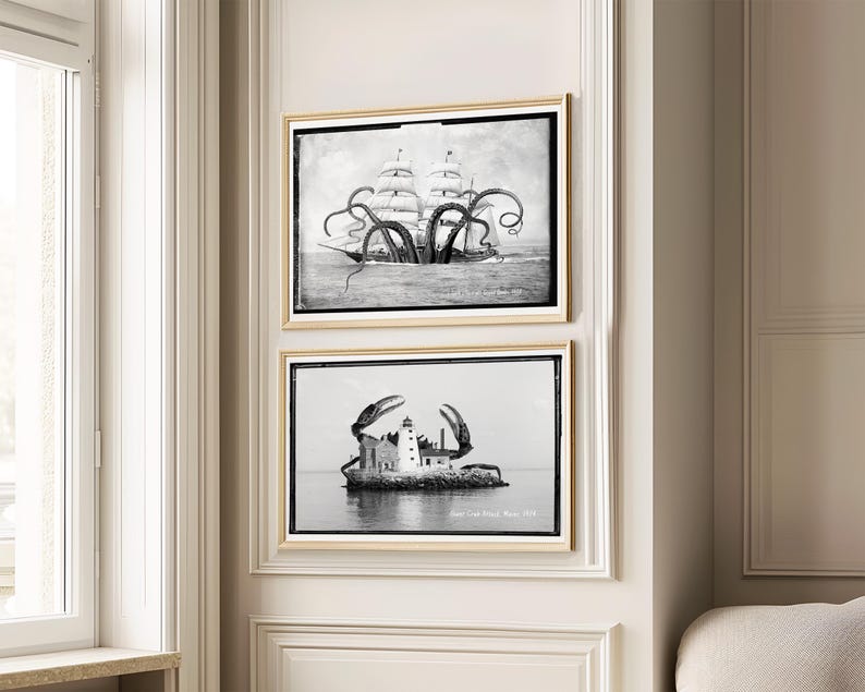 Eigenzinnige vintage nautische muurafdrukken set voor zeildecoratie grappige octopus kunst zeemonsters zwart wit surrealistische foto's grillig oceaanthema afbeelding 2