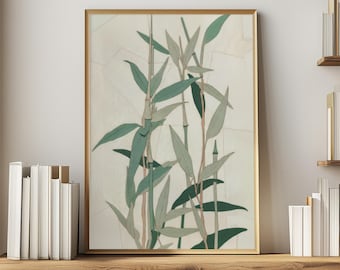 Japanese Wood Block Print of Bamboo for Wabi Sabi Home Interior Decor, Minimalist Botanical Artwork  Sage Green Neutral Tones Poster