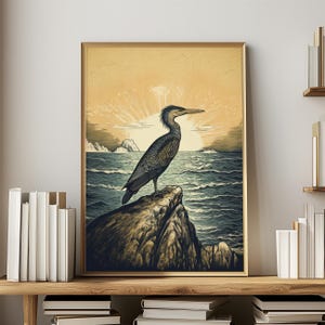 Coastal Wall Art Beach House Decor Bird Art Print Linocut Print Cormorant Print Ocean Art Nature Print Beach Themed Decor Seaside Wall Decor Nautical Home Decor Bird Lover Gift Nature Lover Gift