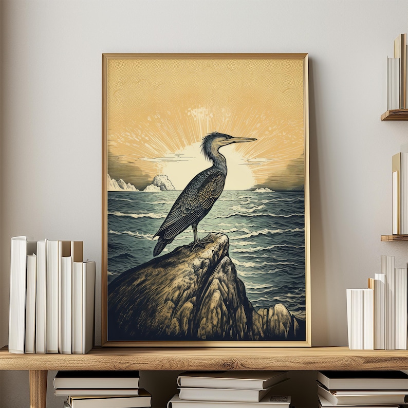 Coastal Wall Art Beach House Decor Bird Art Print Linocut Print Cormorant Print Ocean Art Nature Print Beach Themed Decor Seaside Wall Decor Nautical Home Decor Bird Lover Gift Nature Lover Gift