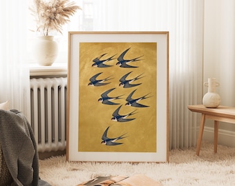 Japandi Wall Art Swallow Birds Japanese Painting Poster for Asian Home Decor, Traditional Japan Art Print for Home Interior Design