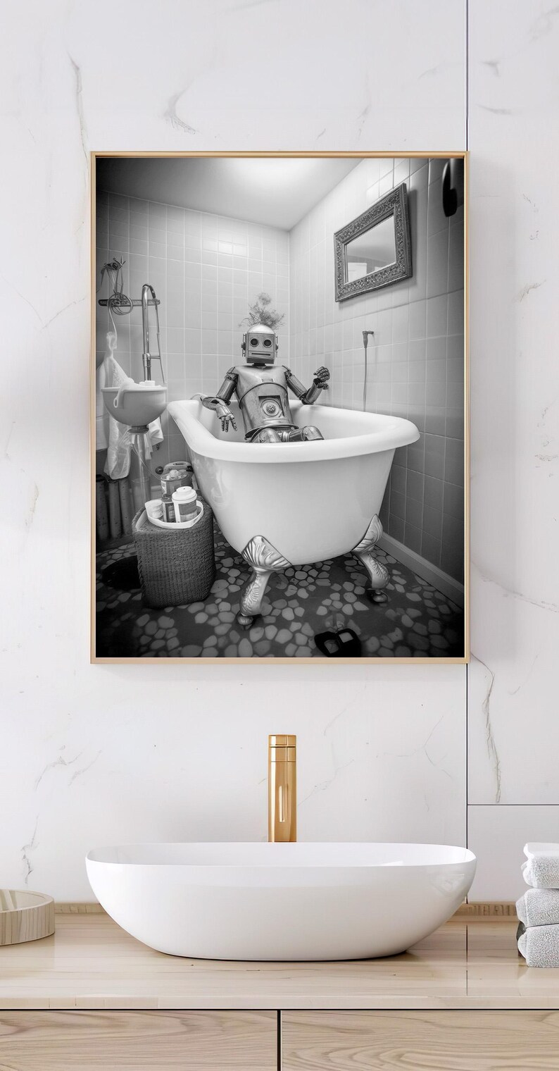 May include: A black and white photograph of a robot taking a bath in a white bathtub with claw feet. The robot is sitting in the tub with its arms crossed. The bathroom is tiled in white and has a mirror on the wall.