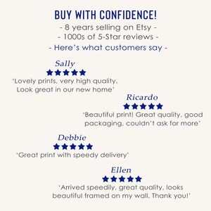 May include: A screenshot of a website with customer reviews for a shop on Etsy. The reviews are all positive and mention the quality of the products, the speed of delivery, and the overall satisfaction of the customers. The text on the image reads "BUY WITH CONFIDENCE! - 8 years selling on Etsy - 1000s of 5-Star reviews - Here's what customers say - Sally 'Lovely prints, very high quality. Look great in our new home' Ricardo 'Beautiful print! Great quality, good packaging, couldn't ask for more' Debbie 'Great print with speedy delivery' Ellen 'Arrived speedily, great quality, looks beautiful framed on my wall. Thank you!'"