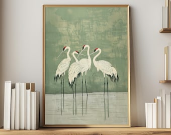 Japandi Minimalist Bird Painting for Wabi Sabi Home Decor, Japanese Cranes Art Sage Green Bird Print