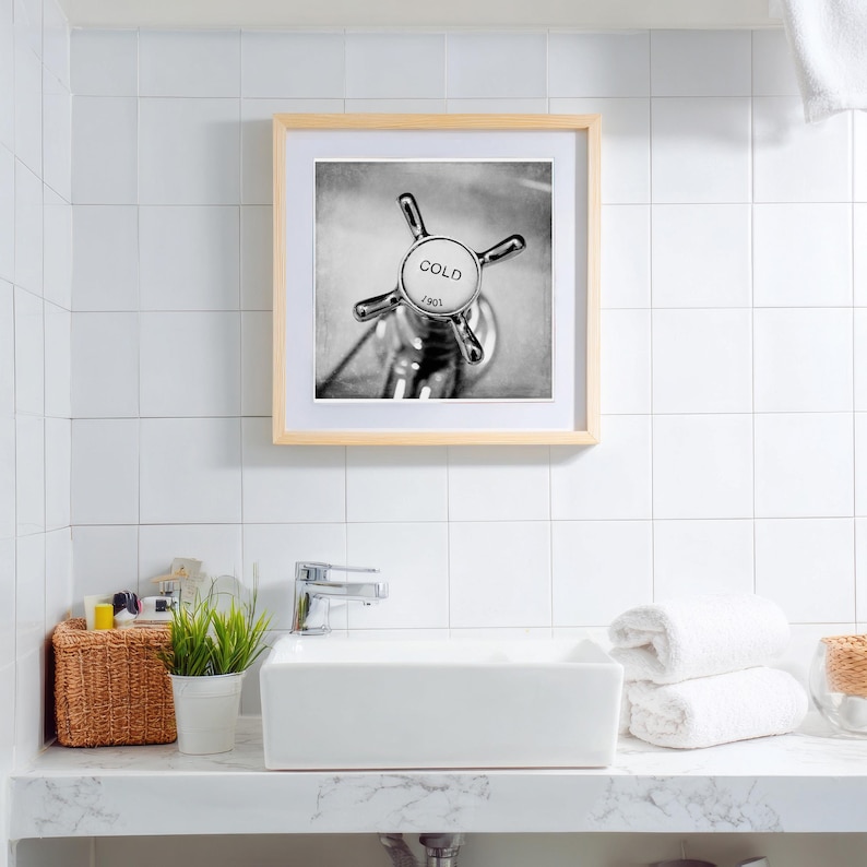 Bathroom Photo Art Vintage Taps Wall Prints for Retro Decor, Hot Cold Faucet Bath Vanity Art Black White Square Washroom Posters image 5
