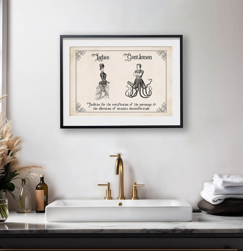 Vintage lustiges Toilettenschild | Witzige Badezimmer Kunst | Damen Herren Gothic Dekor | Steampunk Wandkunst | Eklektisches Paar Geschenk Bild 3