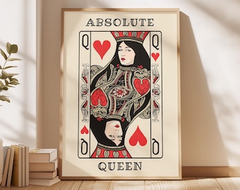 May include: A vintage-style playing card illustration of the Queen of Hearts. The card is cream-colored with red and black accents. The text "ABSOLUTE QUEEN" is printed at the top and bottom of the card.