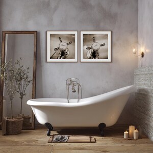 Bathroom Photo Art Vintage Taps Wall Prints for Retro Decor, Hot Cold Faucet Bath Vanity Art Black White Square Washroom Posters image 3