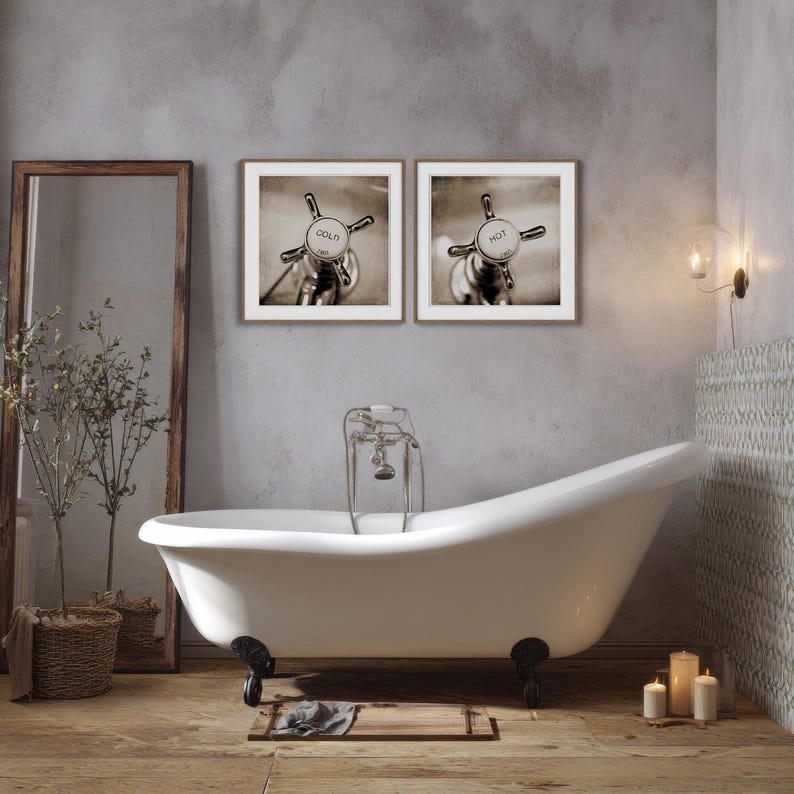 Bathroom Photo Art Vintage Taps Wall Prints for Retro Decor, Hot Cold Faucet Bath Vanity Art Black White Square Washroom Posters image 3