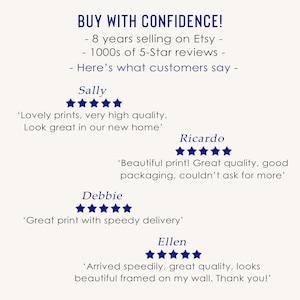 May include: A screenshot of a website with customer reviews for a shop on Etsy. The reviews are all positive and mention the quality of the products, the speed of delivery, and the overall satisfaction of the customers. The text on the image reads "BUY WITH CONFIDENCE! - 8 years selling on Etsy - 1000s of 5-Star reviews - Here's what customers say - Sally 'Lovely prints, very high quality. Look great in our new home' Ricardo 'Beautiful print! Great quality, good packaging, couldn't ask for more' Debbie 'Great print with speedy delivery' Ellen 'Arrived speedily, great quality, looks beautiful framed on my wall. Thank you!'"