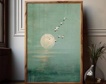 Japandi Wall Decor Sage Green Art Print of Sea Painting with Full Moon, Japanese Cranes Flying Birds, Wabi Sabi Art