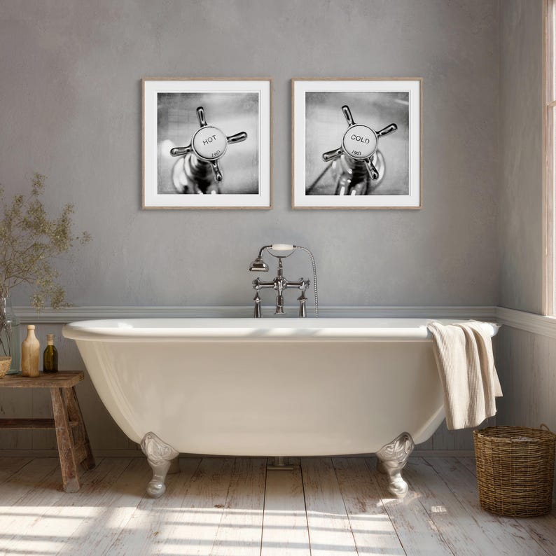 Bathroom Photo Art Vintage Taps Wall Prints for Retro Decor, Hot Cold Faucet Bath Vanity Art Black White Square Washroom Posters Black & White