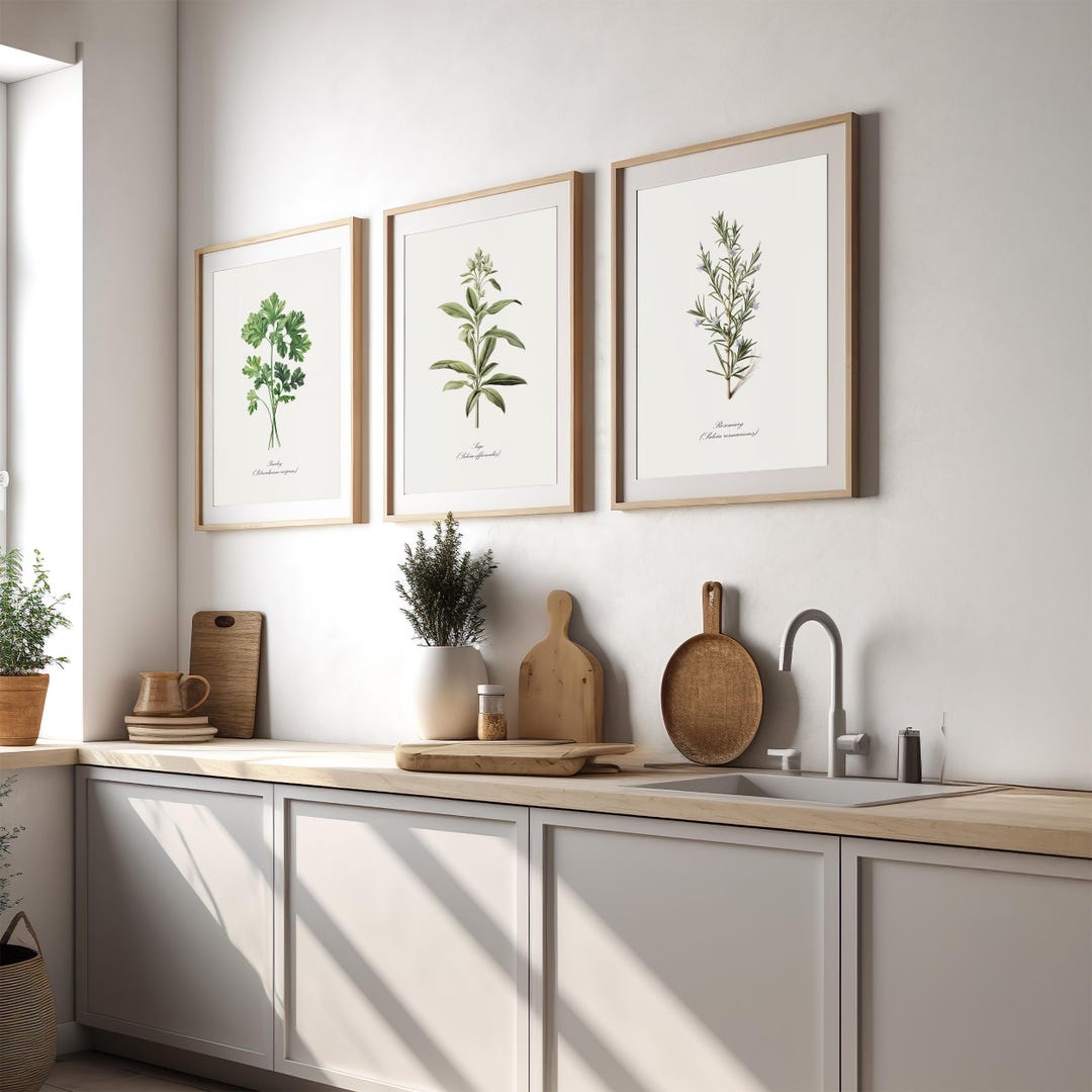 kitchen wall decor art prints - botanical prints -... Herb Garden Botanical Print Set for Vintage Kitchen Decor Rustic Green ...