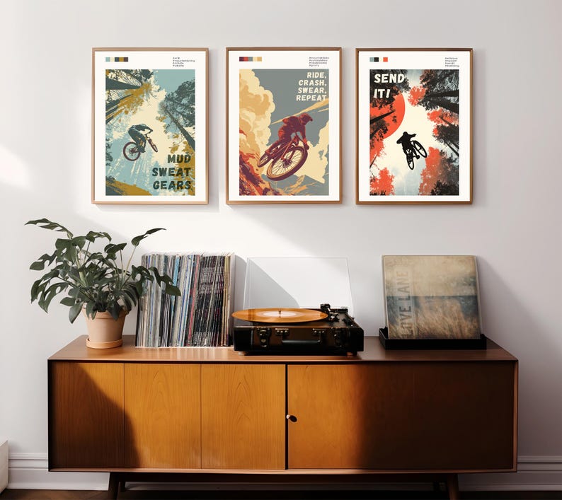 Mountain Biking Collection Art Print Set Three Motivational Phrases Cycling Enthusiast Gift Vintage Style Illustrations Adventure Sport Theme Perfect Wall Decoration Bike Shop Display Man Cave Art Home Office Decor Matt Archival Paper
