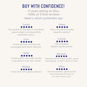 May include: A white background with the text "BUY WITH CONFIDENCE!" and customer reviews. The reviews are from Etsy customers and include phrases like "beautiful prints" and "great quality."