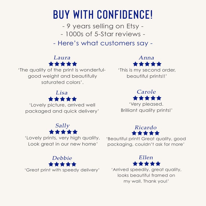 May include: A white background with the text "BUY WITH CONFIDENCE!" and customer reviews. The reviews are from Etsy customers and include phrases like "beautiful prints" and "great quality."