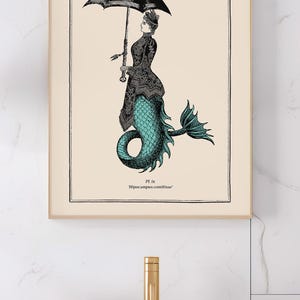 May include: A vintage illustration of a mermaid holding an umbrella. The mermaid is wearing a dress and has a fishtail. The text below the image reads "Pl. IX "Hippocampus comitissa".