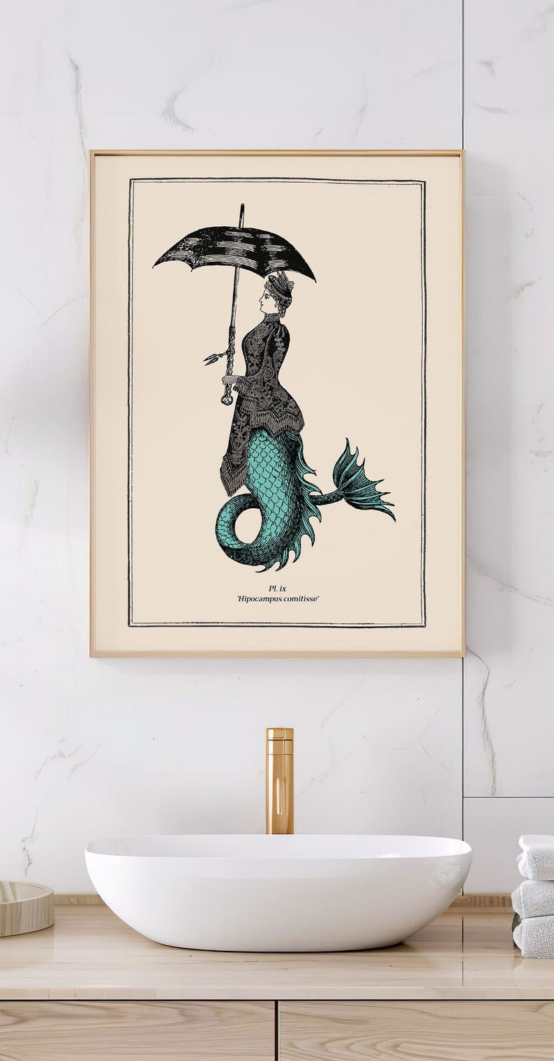 May include: A vintage illustration of a mermaid holding an umbrella. The mermaid is wearing a dress and has a fishtail. The text below the image reads "Pl. IX "Hippocampus comitissa".