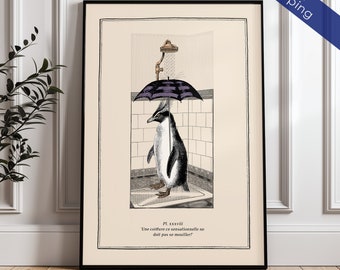 Funny Rockhopper Penguin Art Bathroom Wall Art Shower Room Print Vintage Surreal Print Funny Animal Art Bathroom Print