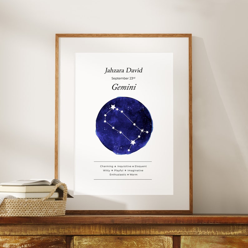 May include: A printable poster with a watercolor illustration of the Gemini constellation in blue with white stars. The poster includes the name Jahzara David, the date September 23rd, and the zodiac sign Gemini. The text below the constellation describes Gemini traits: Charming, Inquisitive, Eloquent, Witty, Playful, Imaginative, Enthusiastic, Warm.