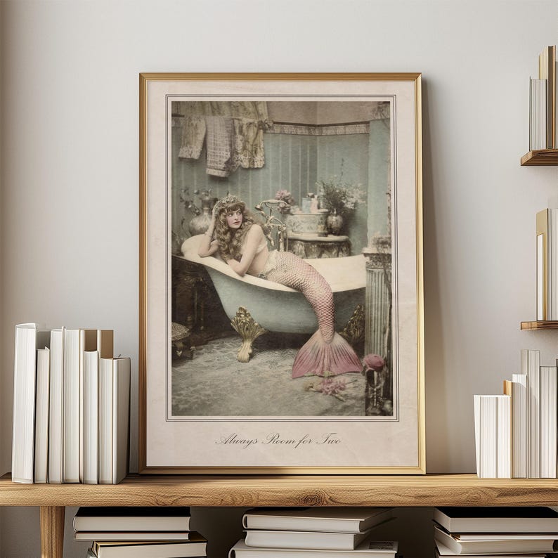 Vintage Mermaid Bathroom Art Victorian Style Print Pink Tail Design Coastal Home Decor Beach House Wall Art Nautical Theme Collection Sepia Tone Photography Matte Finish Classic Bathroom Decoration Elegant Beach Style Essential Beautiful