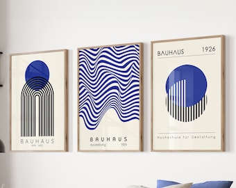 Impresiones de Bauhaus, arte de pared azul, decoración de pared para sala de estar moderna de mediados de siglo, juego de 3 carteles de exposición de Bauhaus, nueva idea de regalo para el hogar