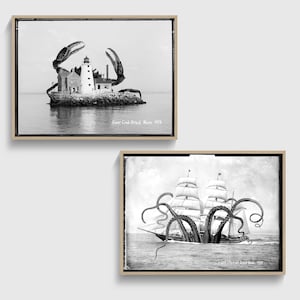 Eigenzinnige vintage nautische muurafdrukken set voor zeildecoratie grappige octopus kunst zeemonsters zwart wit surrealistische foto's grillig oceaanthema afbeelding 1
