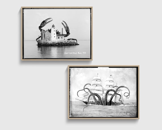 Quirky Vintage Nautical Wall Prints Set for Sailing Decor Funny Octopus Art Sea Monsters  Black White Surreal Photos Whimsical Ocean Theme