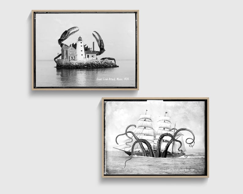 Eigenzinnige vintage nautische muurafdrukken set voor zeildecoratie grappige octopus kunst zeemonsters zwart wit surrealistische foto's grillig oceaanthema afbeelding 1