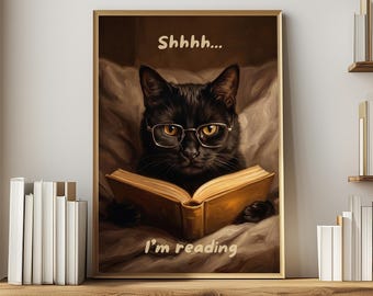 Cat and Book Art Bookshelf Decor for Cozy Reading Nook, Library Wall Art Quirky Cat Poster Gift for Reader