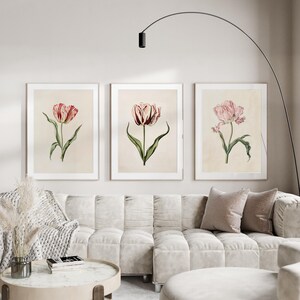 Floral Home Decor Antique Tulip Illustration Nature Inspired Art Unframed Prints Living Room Wall Art Pink Red Tulips Green Stems Leaves Vintage Botanical Print Spring Theme