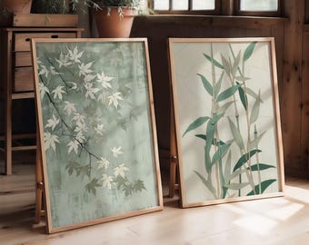 Japanese Woodblock Prints Set of 2 Botanical Artworks, Ukiyo-e Bamboo Wall Art in Sage Green for Minimalist Home Decor