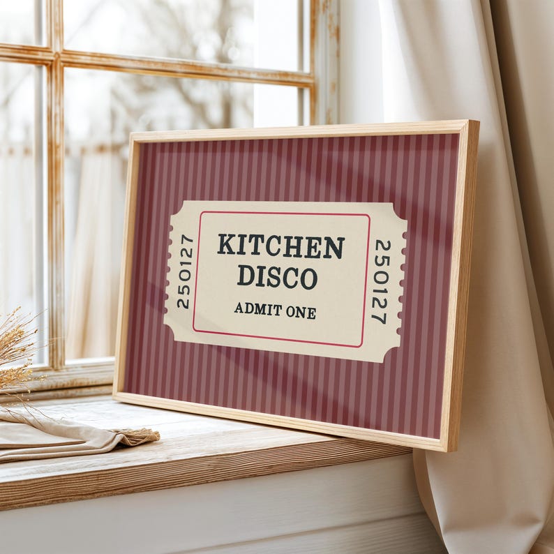Retro Kitchen Gift Disco Ticket Print Vintage Admission Design Wall Art Display Matt Quality Finish Trendy Home Decoration Colorful Style Options Dining Room Accent Perfect Cook Present Entertainment Theme Art Nostalgic Interior Display