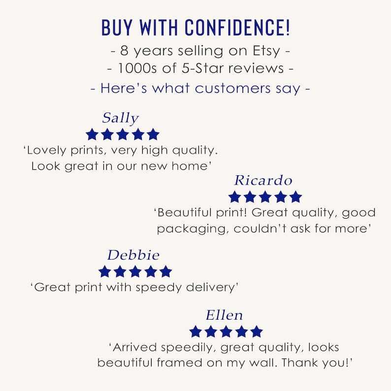 May include: Cream-colored graphic with text that reads "BUY WITH CONFIDENCE!" and customer reviews. The reviews are from Sally, Ricardo, Debbie, and Ellen, each with five-star ratings and positive comments about print quality and delivery.