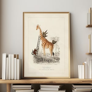 Arte de pared de animales de Safari para decoración de habitación de niños, divertido cartel de jirafa con estampado de animales de la selva Vintage, luz Academia, regalo peculiar para hermana