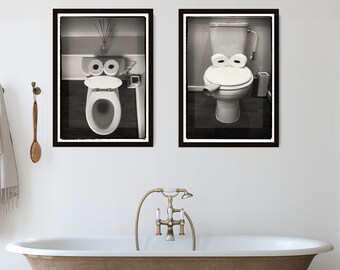 Quadro Umoristico Per Bagno VisionaryBrush – 2 Pezzi 30x40 Cm – Stile Vintage Metà Secolo – Tela Con Cornice In Legno - 2