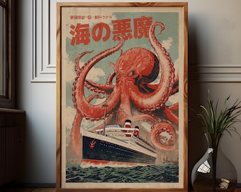 Vintage Japanese Sea Monster Kaiju Poster - Giant Octopus Retro Wall Art -  Kraken Tentacles Mythical Creature Art
