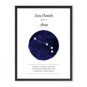 May include: A printable zodiac sign poster with a blue watercolor background and white stars depicting the constellation Aries. The poster features the name Zara Daniels, the date April 7th, and the zodiac sign Aries. The text below the constellation lists personality traits associated with the sign: Energetic, Daring, Optimistic, Courageous, Passionate, Bold, Independent, Spontaneous.