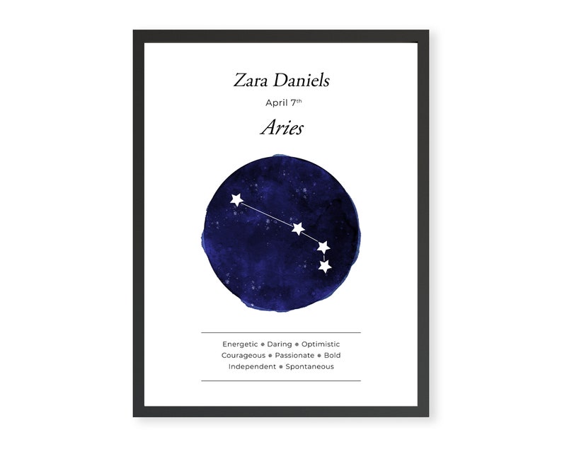 May include: A printable zodiac sign poster with a blue watercolor background and white stars depicting the constellation Aries. The poster features the name Zara Daniels, the date April 7th, and the zodiac sign Aries. The text below the constellation lists personality traits associated with the sign: Energetic, Daring, Optimistic, Courageous, Passionate, Bold, Independent, Spontaneous.