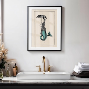 Vintage Style Mermaid Print Idea for Gothic Room Decor Mermaidcore Wall Art for Bathroom Steampunk Poster Powder Room Teal Accent image 13