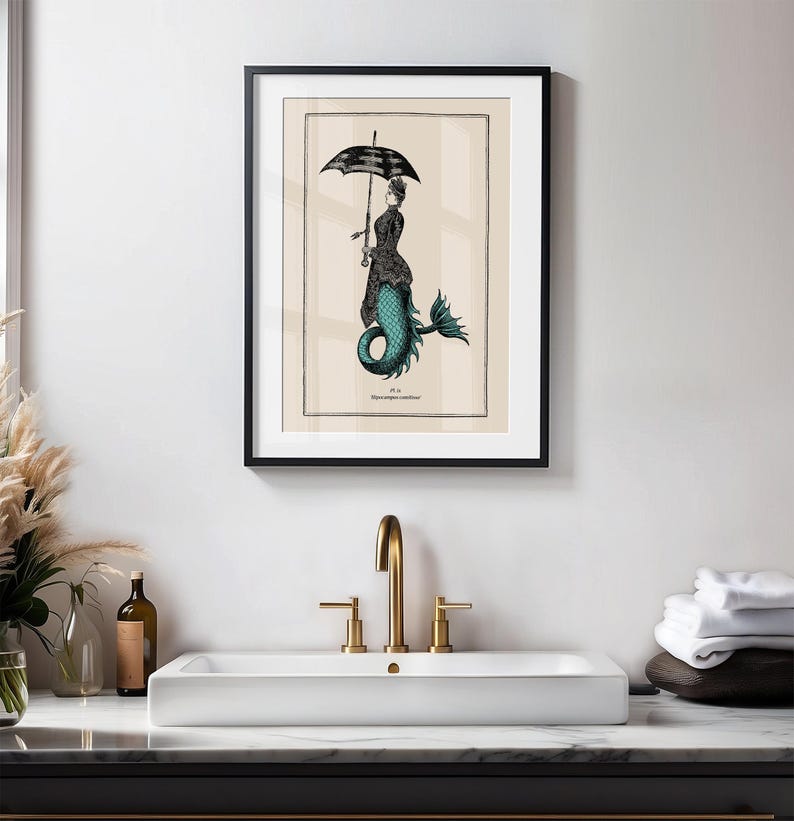 Vintage Style Mermaid Print Idea for Gothic Room Decor Mermaidcore Wall Art for Bathroom Steampunk Poster Powder Room Teal Accent image 13
