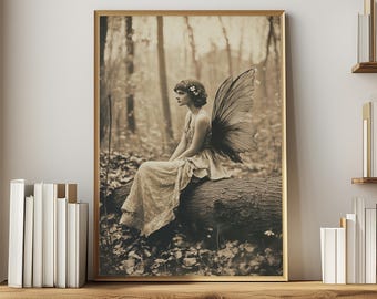 Vintage Fairy Art in Enchanted Forest for Fairycore Decor, Faerie Fantasy Artwork for Goblincore or Witchy Decor