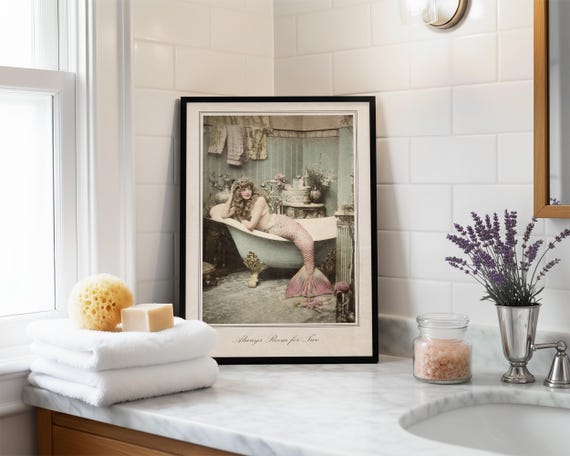 Whimsical Art for Bathroom Vintage Style Mermaid Print for Beach Decor Nautical Home Quirky Powder Room Wall Coastal Interior Design