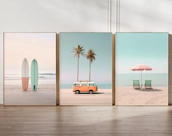 Retro Surf Posters Beach Art Print Set of 3 Pastel Summer Prints for Beachy Decor Pink Turquoise Wall Art Prints Triptych Sea Photographs