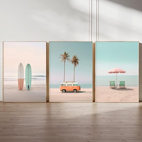 Retro Surf Posters Beach Art Print Set of 3 Pastel Summer Prints for Beachy Decor Pink Turquoise Wall Art Prints Triptych Sea Photographs