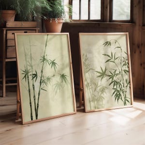 Japandi Style Art Woodblock Prints for Japanese Decor, Green Botanical Posters Set of 2 Botany Artworks of Bamboo and Maple Trees