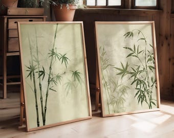 Japandi Style Art Woodblock Prints for Japanese Decor, Green Botanical Posters Set of 2 Botany Artworks of Bamboo and Maple Trees