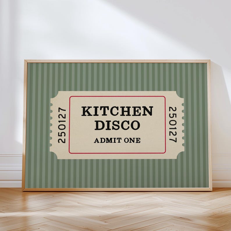 Kitchen Disco Ticket Print Retro Wall Art Vintage Admission Design Matt Archival Quality Trendy Kitchen Decoration Colorful Display Options Various Sizes Available Nostalgic Style Art Dining Room Decor Funny Gift For Cook Home Entertainment
